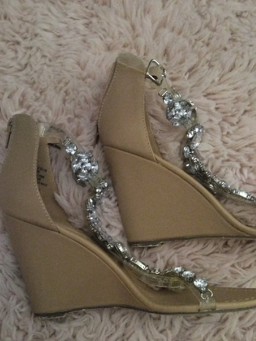 JustFab Tan Jeweled T-Strap Sandals with Clear Ankle Straps